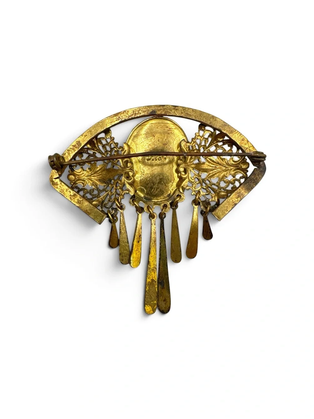 Vintage 1920s 30s Czecho Molded Glass Cameo Brass Dangle Brooch Pin